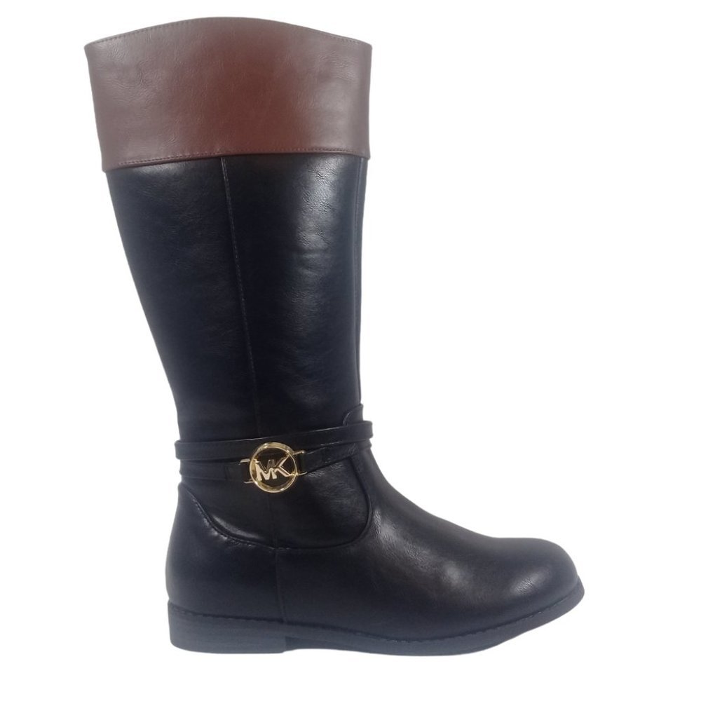 Michael Kors Girl's Flat Riding Black/Brown Fully Zip Gold MK Logo tone  Boots 5